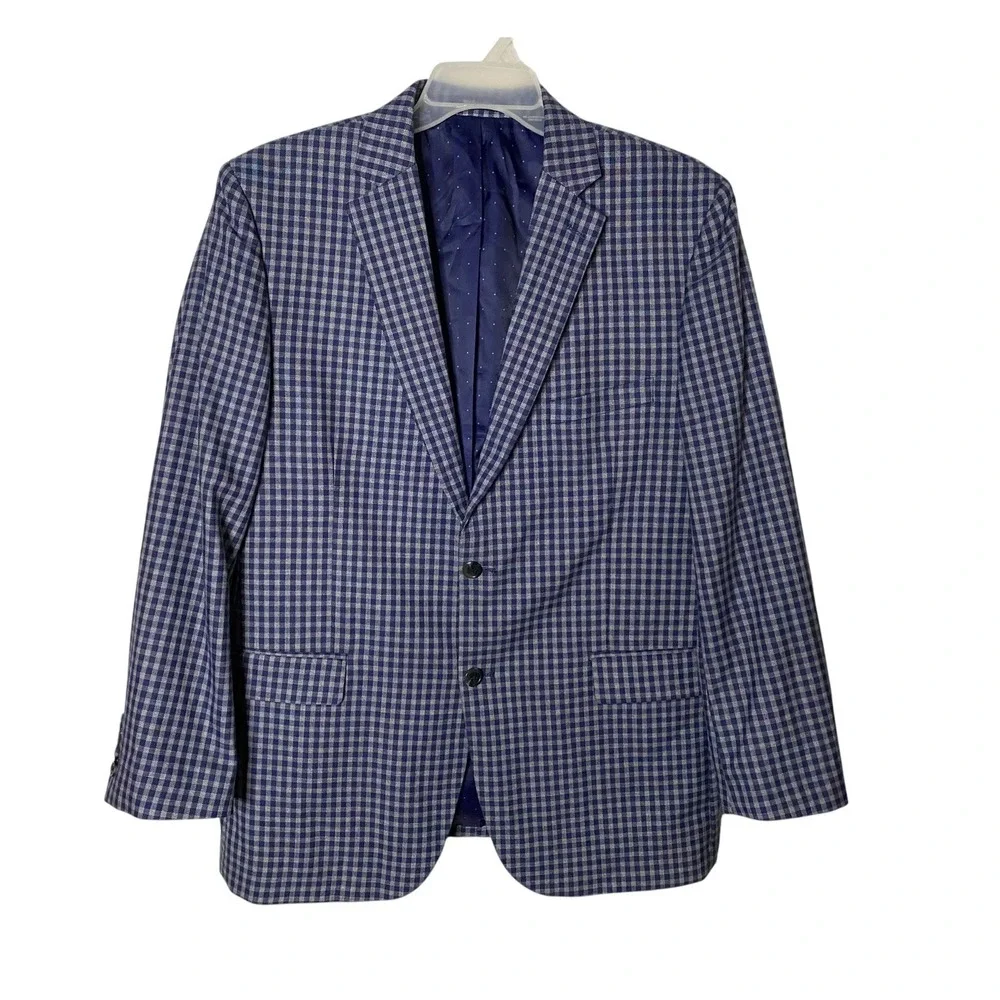 Alan Flusser Mens 44R Blue Grey Gingham Check Sports Coat Blazer Two Button 44 R